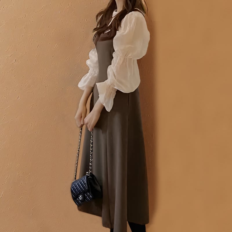 White Collared Shirt Under Black Sleeveless Dress with Belt — Classy Dark Academia Outfits