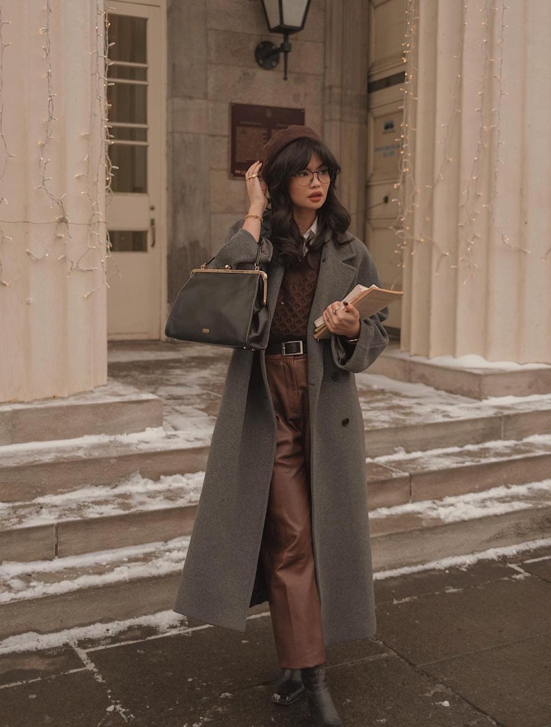 Long Gray Wool Coat Over a Brown Knit Sweater and White Shirt — Classy Dark Academia Outfits