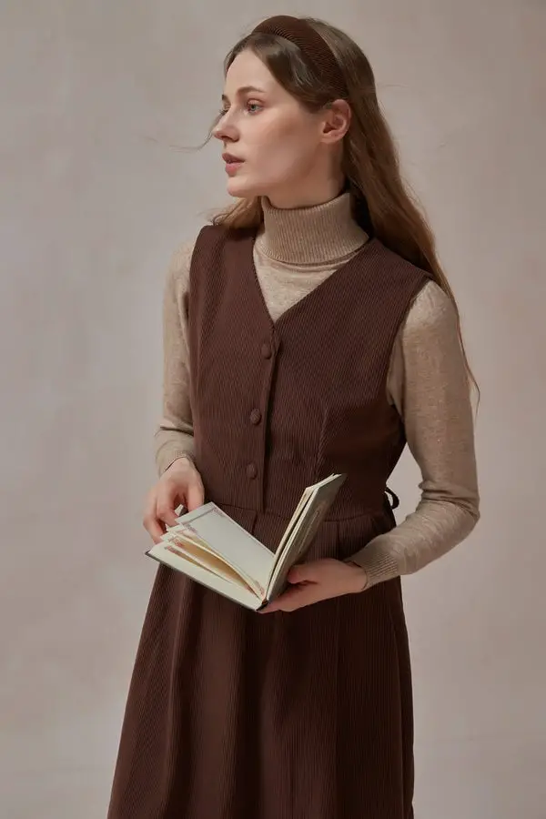 Beige Turtleneck Under Brown Corduroy Pinafore Dress, A-Line — Classy Dark Academia Outfits