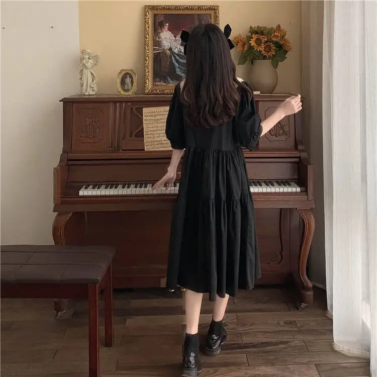 Black Tiered Midi Dress with White Shirt and Ankle Boots — Classy Dark Academia Outfits