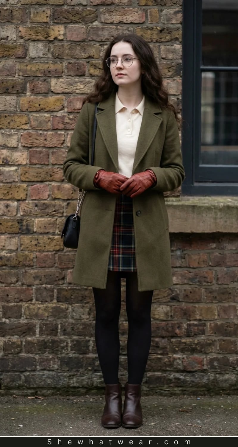 Olive Green Coat Over Cream Polo and Plaid Mini Skirt — Classy Dark Academia Outfits