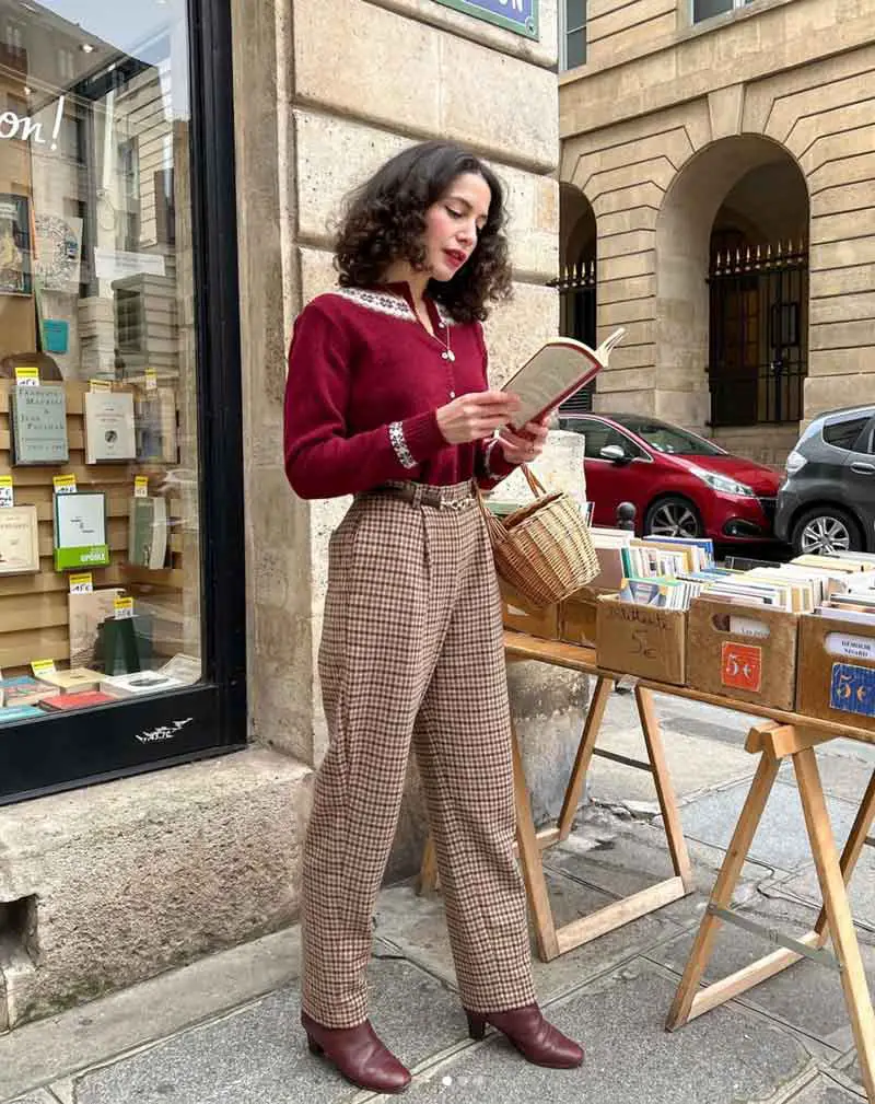 Burgundy Cardigan Over Patterned Top with Plaid Trousers — Classy Dark Academia Outfits