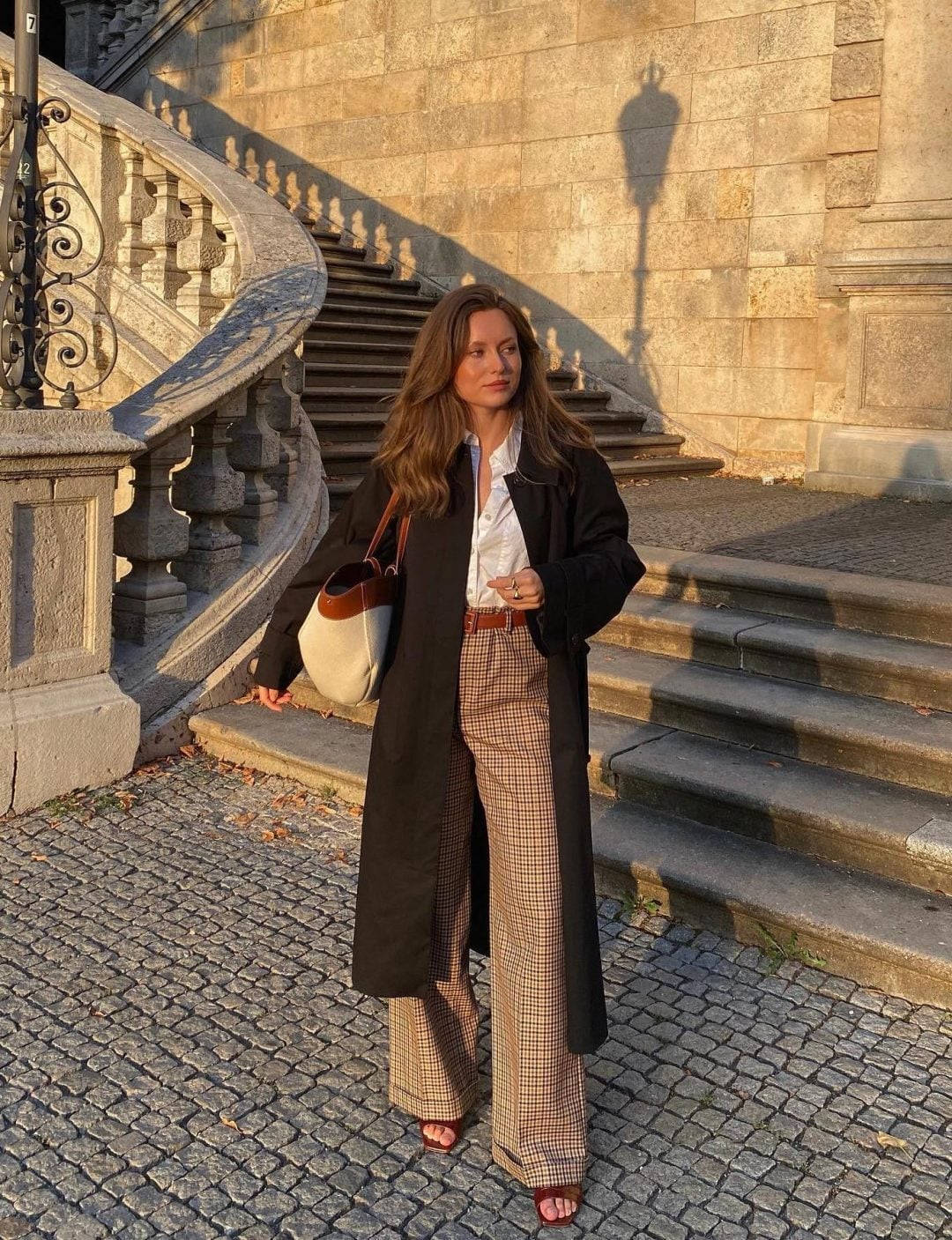 Longline Black Coat Over White Shirt and Wide-Leg Plaid Trousers — Classy Dark Academia Outfits