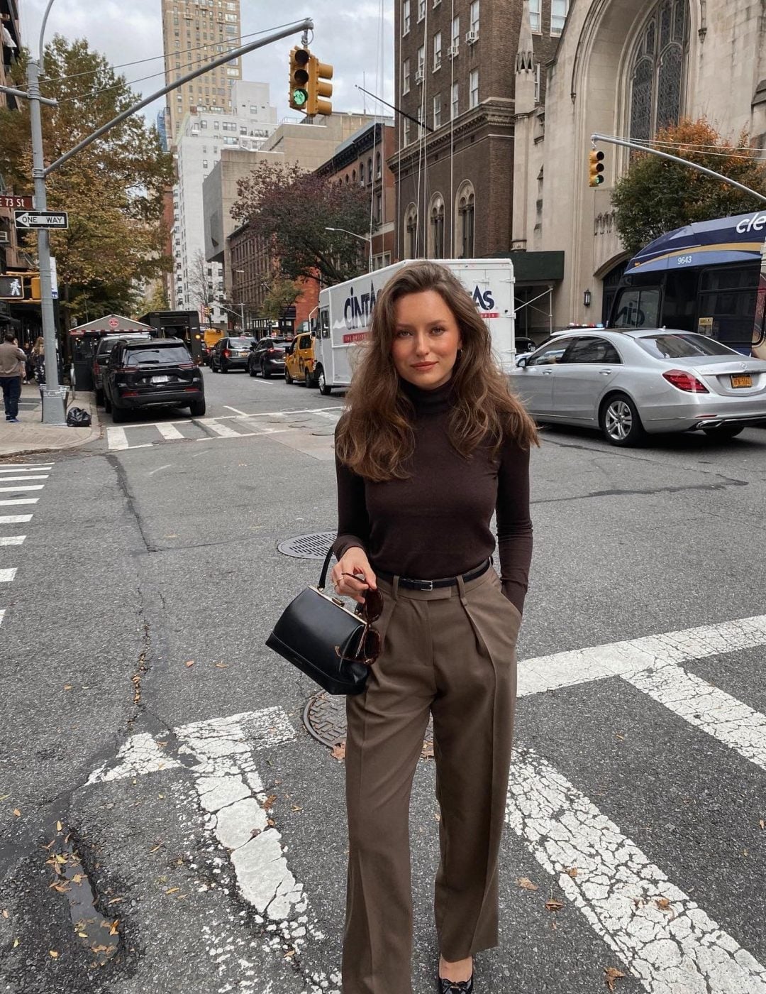 Brown Turtleneck and Wide-Leg Trousers Cinched, Close-Up Take — Classy Dark Academia Outfits