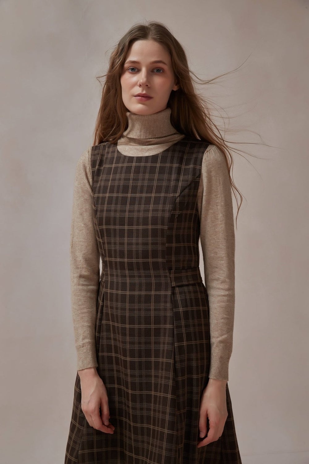 Brown Plaid Pinafore Dress Over a Beige, Office-Safe Version — Classy Dark Academia Outfits