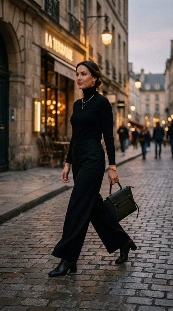 Monochromatic Black Turtleneck and Wide-Leg Trousers Monochromatic Black Turtleneck and Wide-Leg Trousers — Classy Dark Outfits