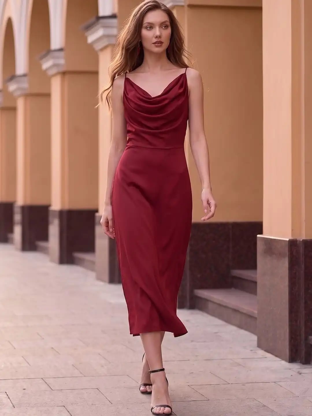 Dark Red Satin Midi Slip Dress with Cowl Neck — Classy Dark Red Dress