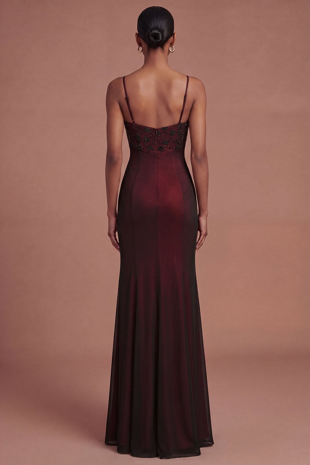 Fitted Dark Red Mermaid Dress with Beaded Bodice — Classy Dark Red Dress