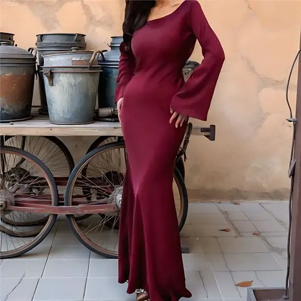 Deep Red Mermaid Maxi Dress with Bell Sleeves — Classy Dark Red Dress