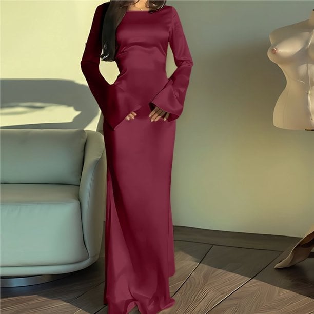 Wine Red Satin Column Maxi Dress with Bell Sleeves — Classy Dark Red Dress