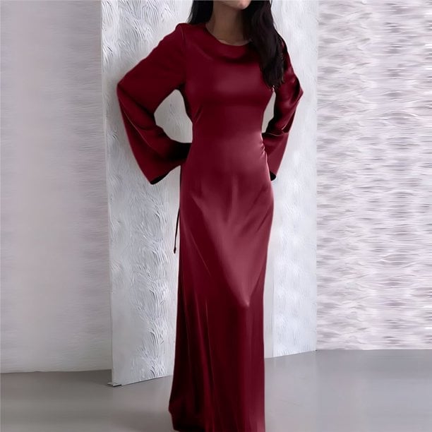 Wine Red Satin Column Maxi Dress with Bell Sleeves, Close-Up Take — Classy Dark Red Dress