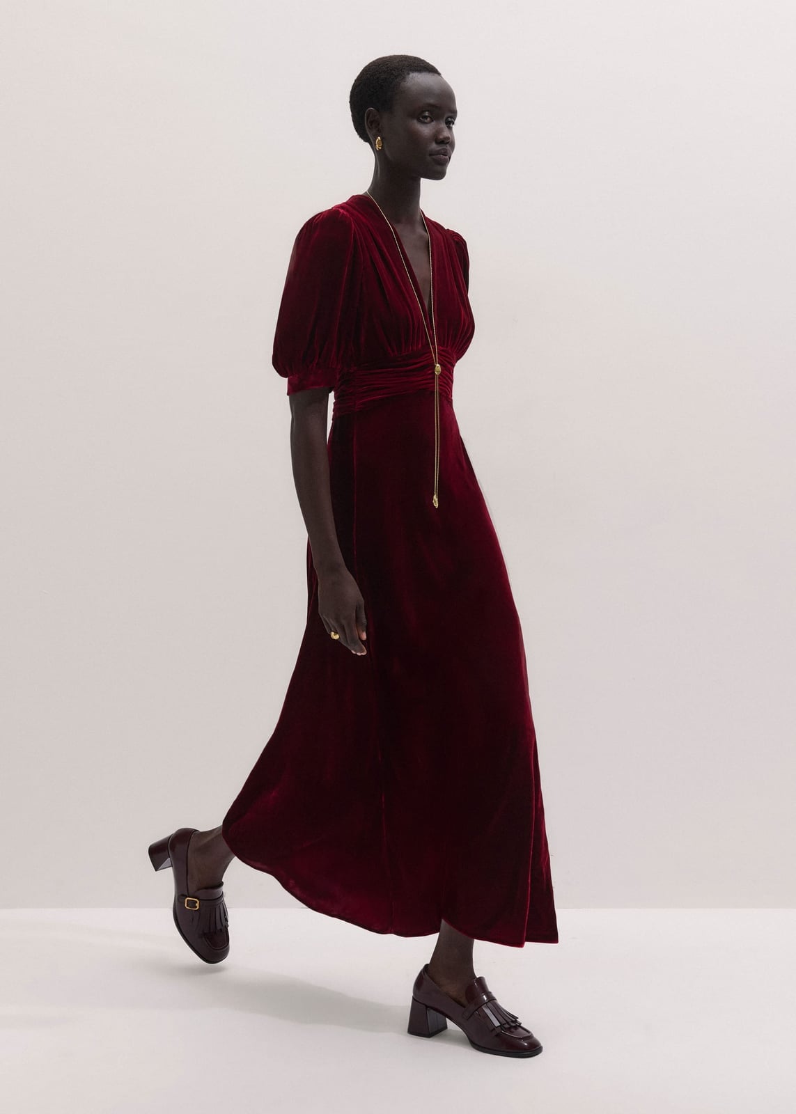 Velvet A-Line Maxi Dress with Puffed Sleeves — Classy Dark Red Dress