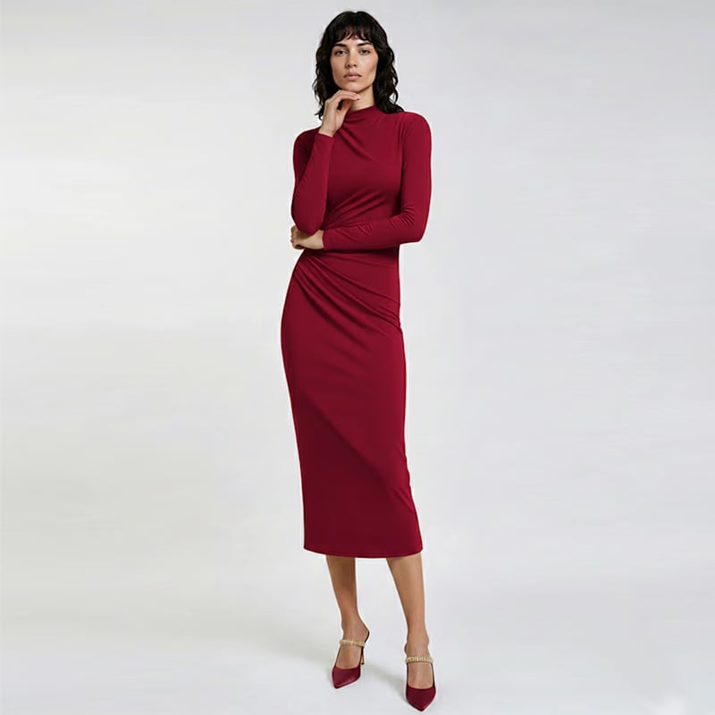Dark Red Draped Bodycon Midi Dress with Mock Neck — Classy Dark Red Dress