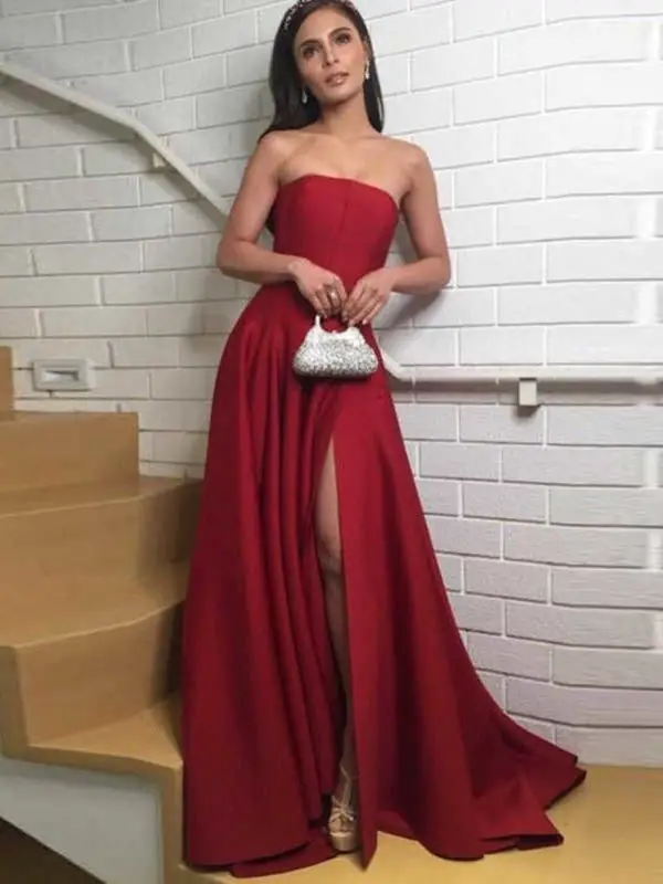 Dark Red Strapless A-Line Dress with High Slit — Classy Dark Red Dress