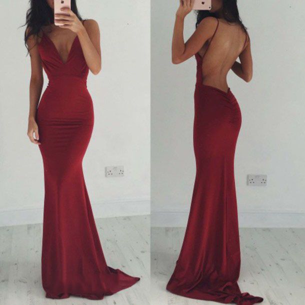Dark Red Backless Sheath Gown — Classy Dark Red Dress