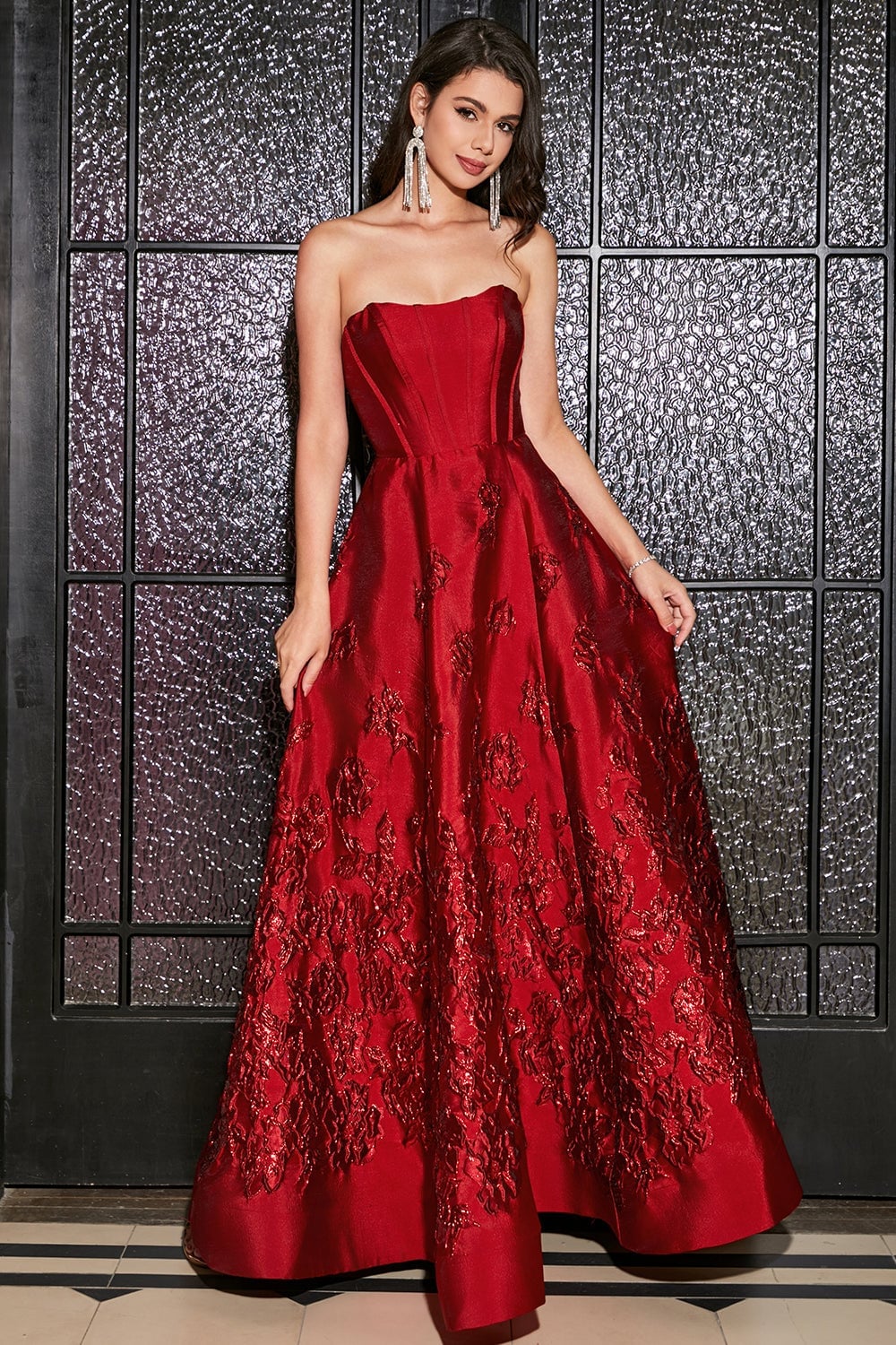 Strapless Dark Red Satin Ballgown with Floral Embroidery — Classy Dark Red Dress