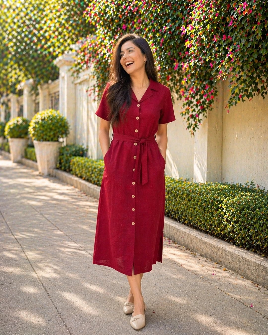 Dark Red Linen Blend Shirt Dress — Classy Dark Red Dress