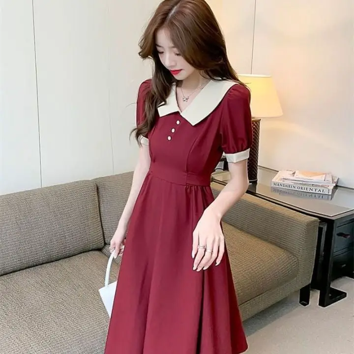 Red Midi Fit and Flare Dress with Contrasting Collar — Classy Dark Red Dress