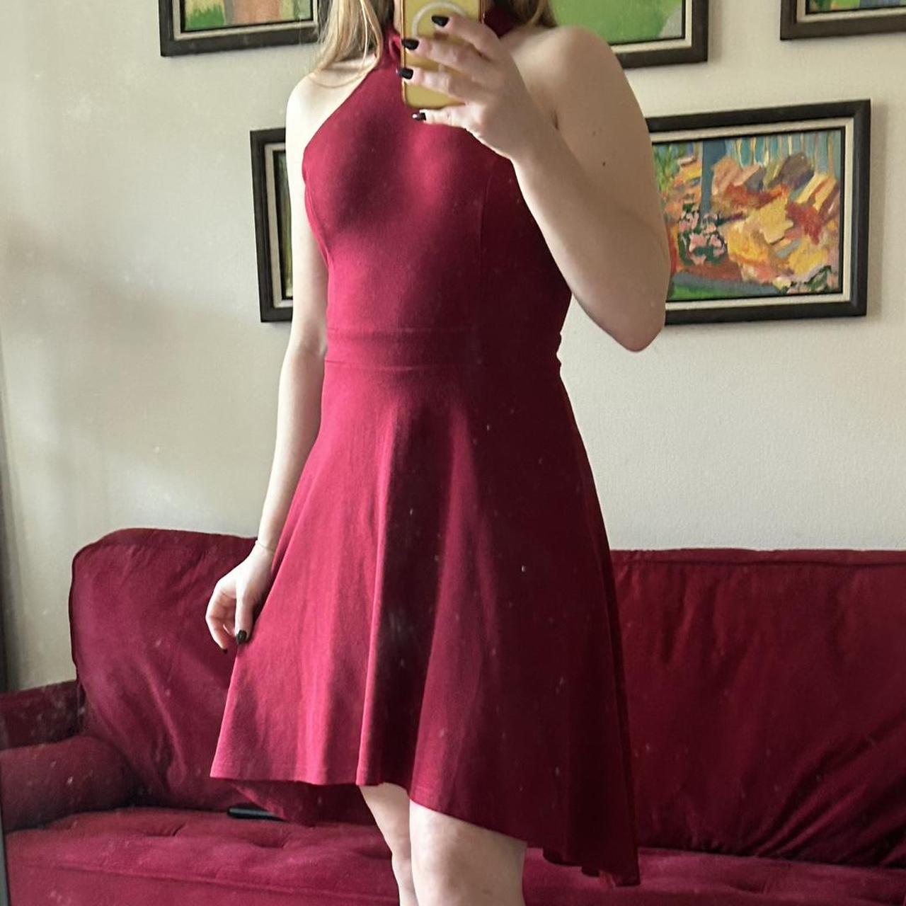 Dark Red Satin A-Line Dress Asymmetrical Neckline — Classy Dark Red Dress