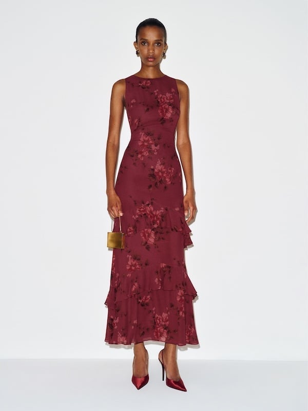 Burgundy Floral Print Midi Dress with Tiered Ruffles — Classy Dark Red Dress