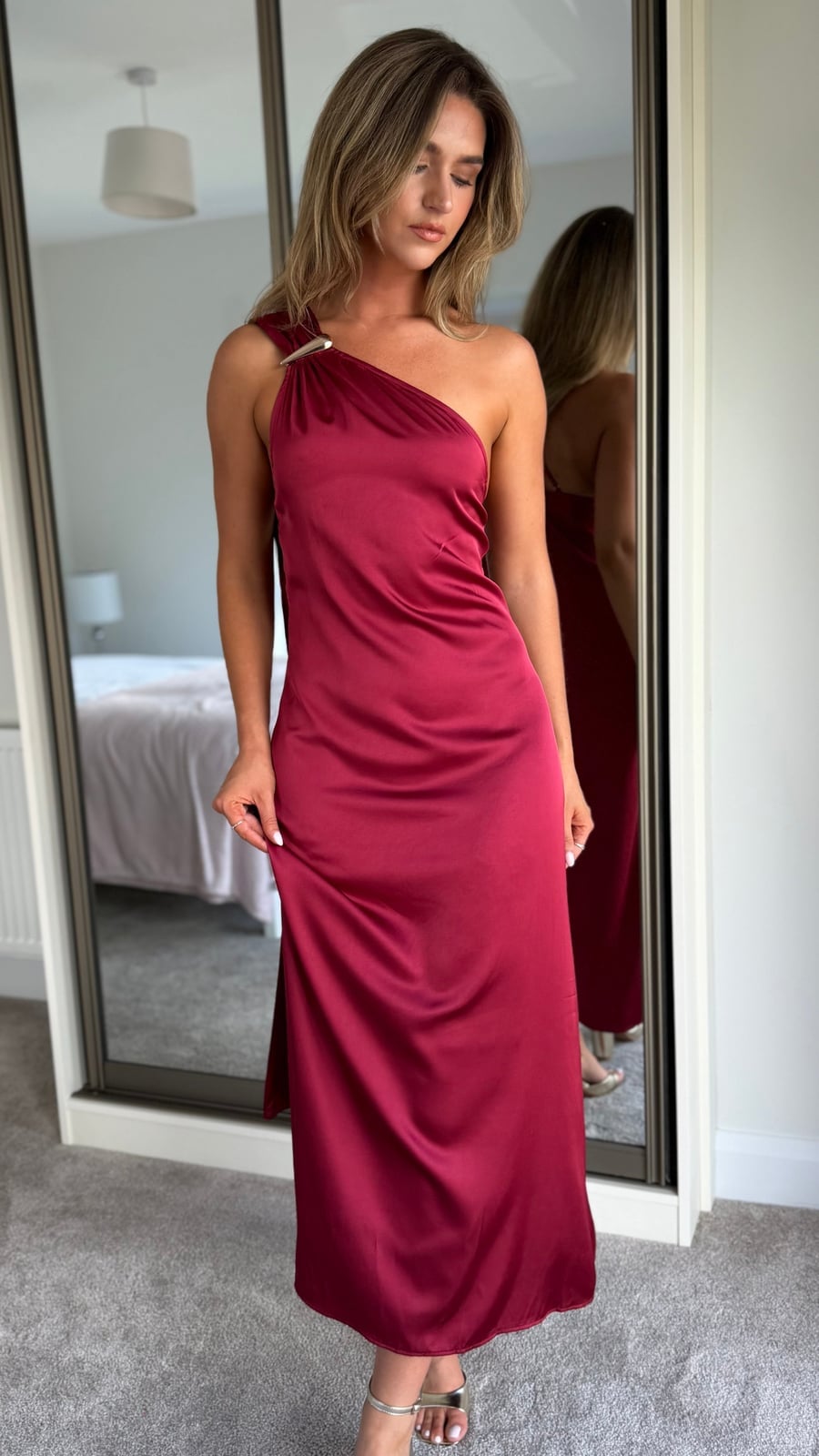 Burgundy Satin One-Shoulder Dress with Gold Buckle — Classy Dark Red Dress