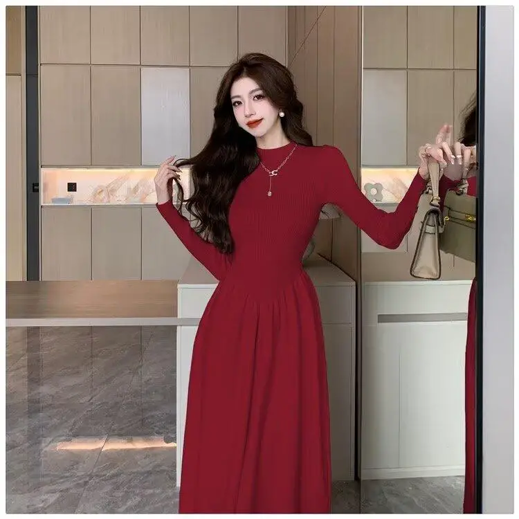 Long-sleeved Dark Red Ribbed Knit Dress — Classy Dark Red Dress