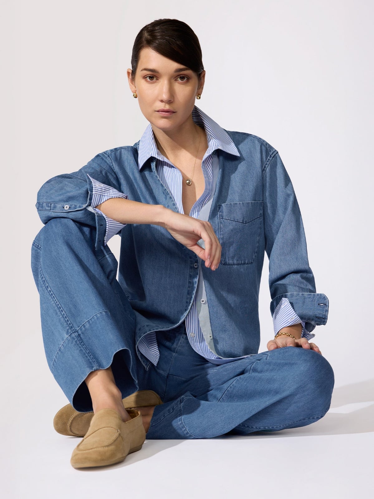 Denim Shirt And Pants With Tan Loafers Denim Shirt And Pants With Tan Loafers — Classy Denim Outfits