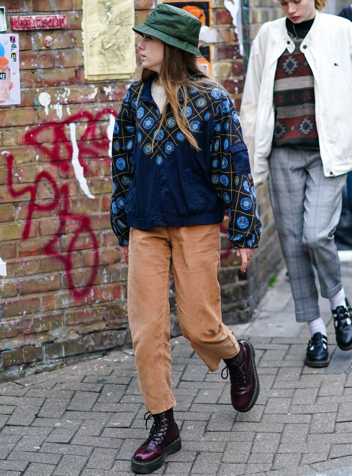 Corduroy Trousers With Patterned Bomber Jacket And Burgundy Boots Corduroy Trousers With Patterned Bomber Jacket And Burgundy Boots — Classy Doc Martens Outfits
