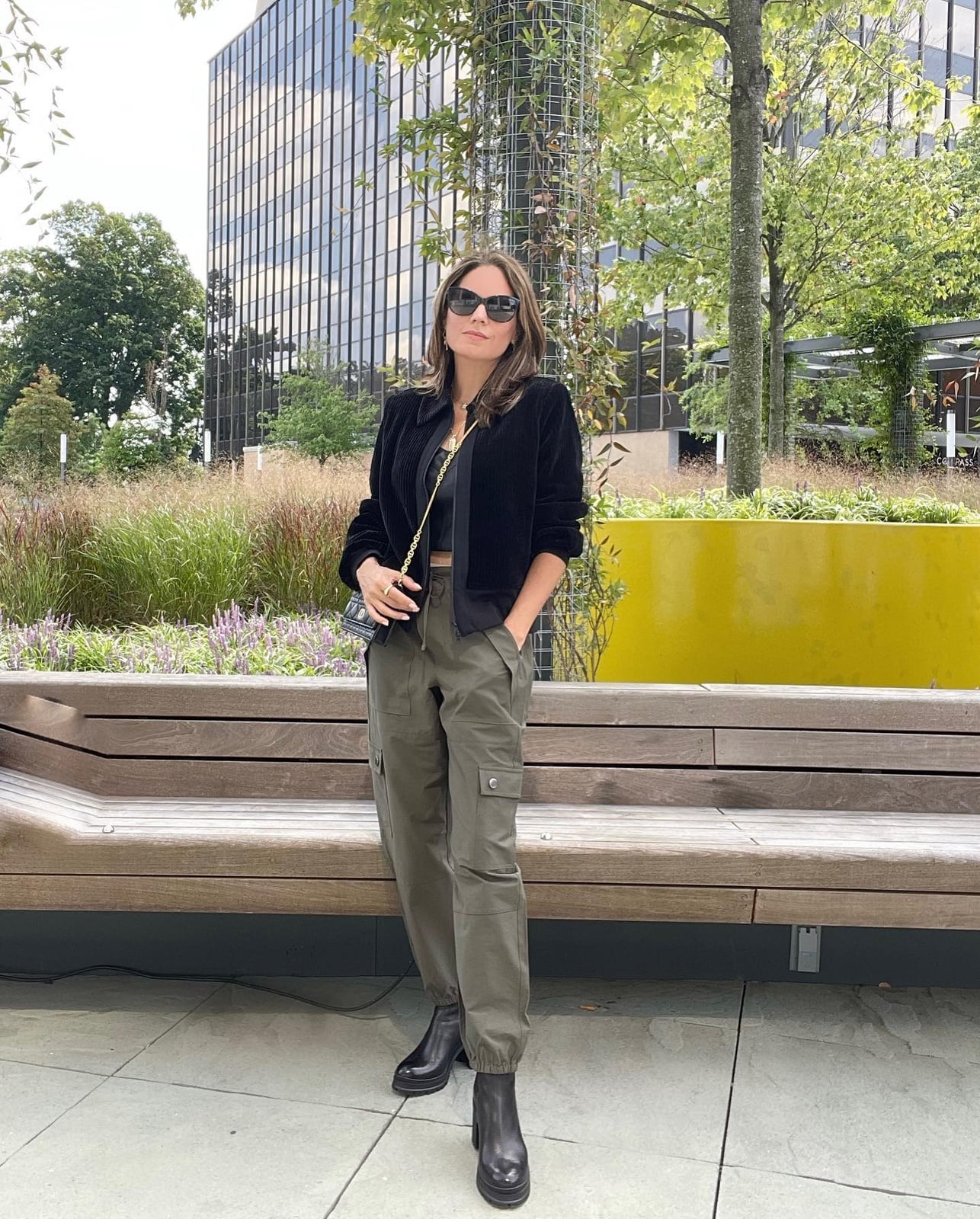 Olive Cargo Pants With Black Crop Top And Velvet Jacket Olive Cargo Pants With Black Crop Top And Velvet Jacket — Classy Doc Martens Outfits