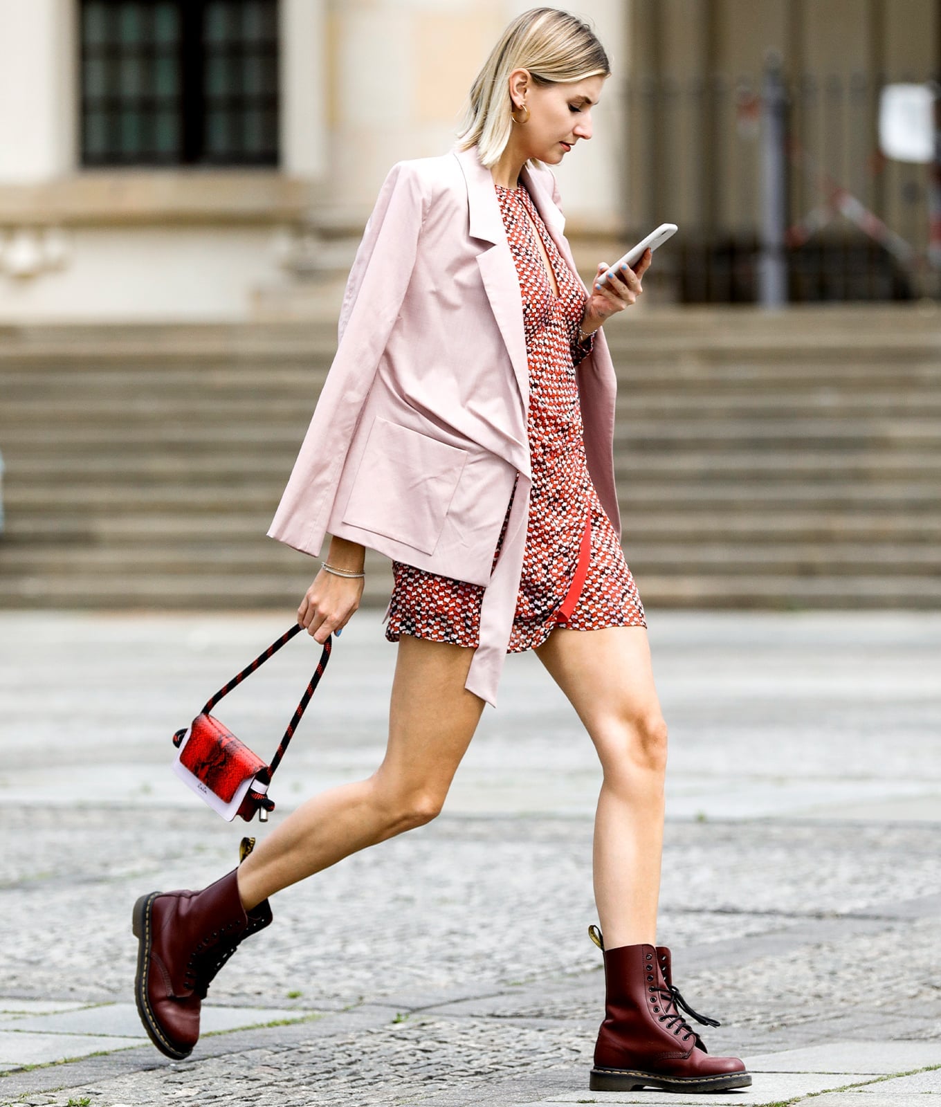Pink Oversized Blazer With Patterned Mini Dress And Burgundy Boots Pink Oversized Blazer With Patterned Mini Dress And Burgundy Boots — Classy Doc Martens Outfits