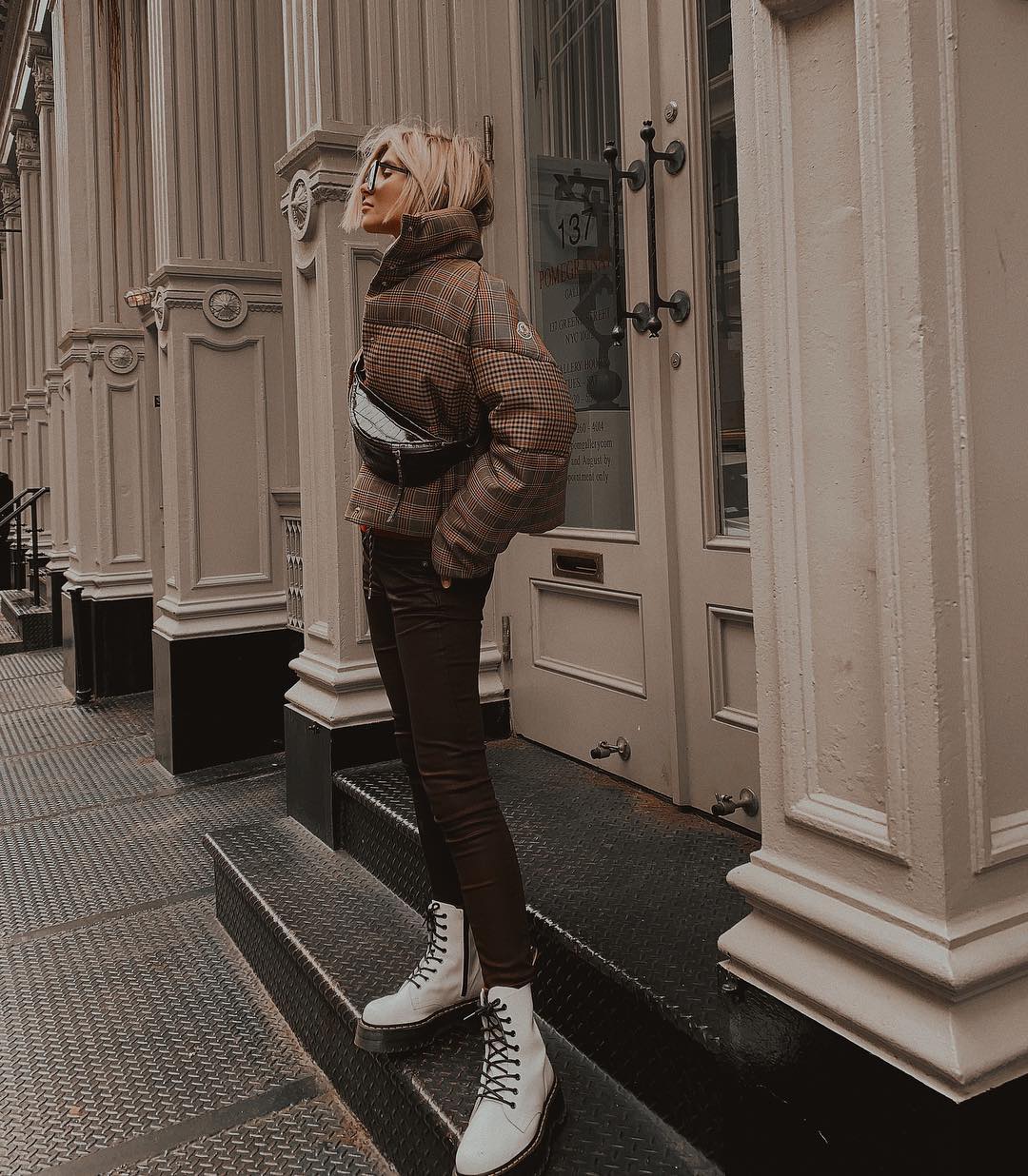Plaid Puffer Jacket With Dark Trousers And White, Close-Up Take Plaid Puffer Jacket With Dark Trousers And White, Close-Up Take — Classy Doc Martens Outfits