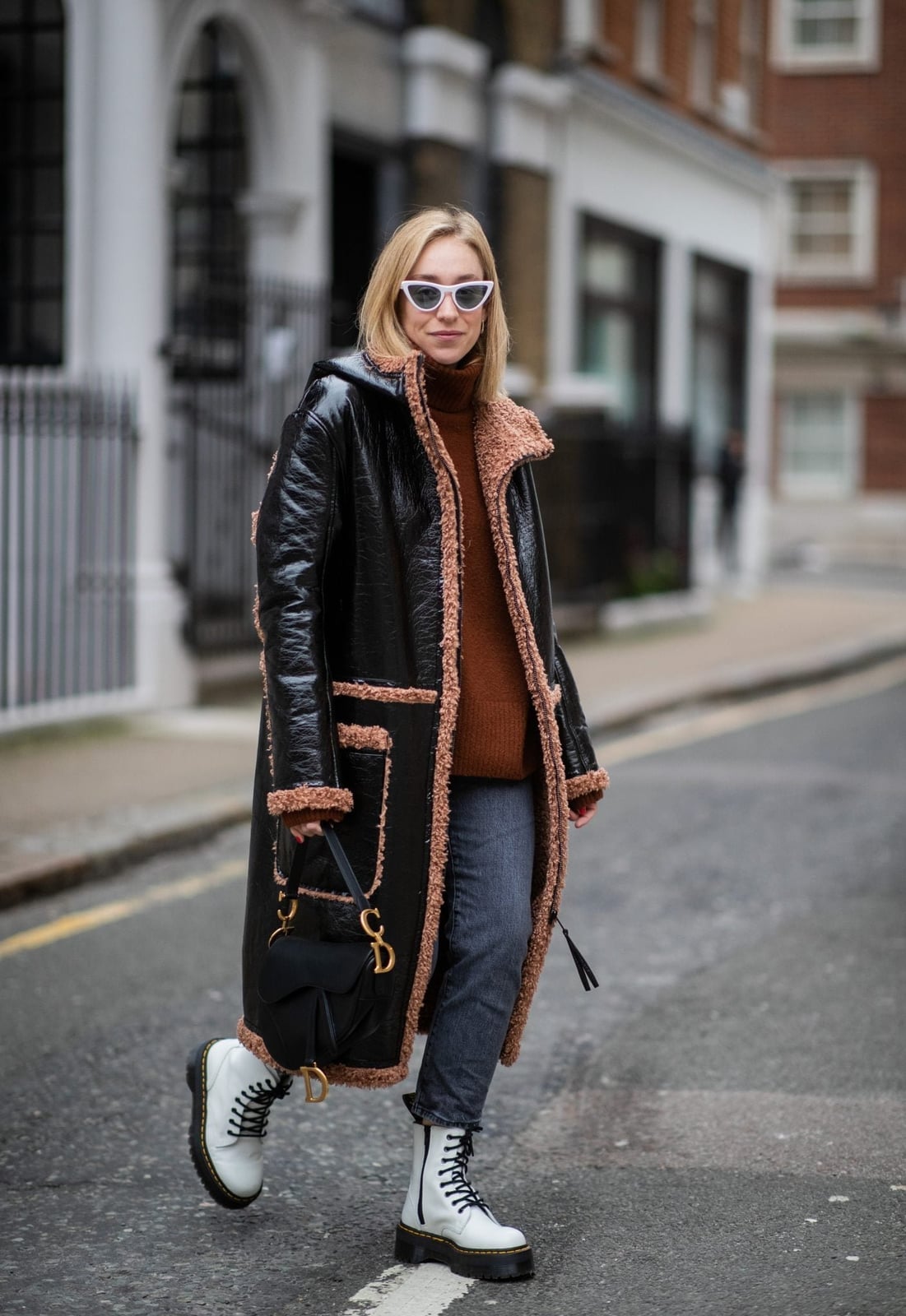 White Platform Boots With Gray Jeans And Patent Coat White Platform Boots With Gray Jeans And Patent Coat — Classy Doc Martens Outfits