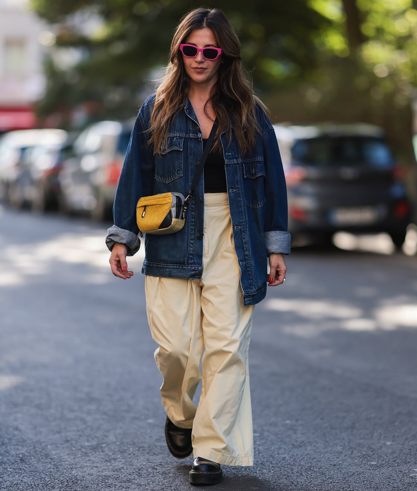 Denim Jacket With Cream Trousers And Platform, Office-Safe Version Denim Jacket With Cream Trousers And Platform, Office-Safe Version — Classy Doc Martens Outfits