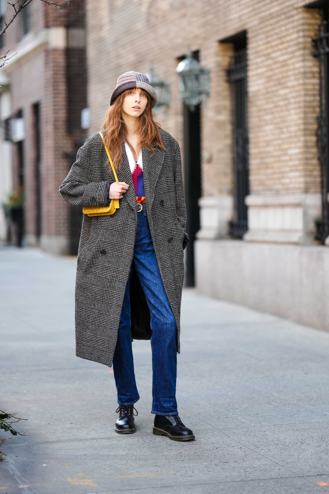 Gray Plaid Coat With Colorful Knit Top And Blue Jeans Gray Plaid Coat With Colorful Knit Top And Blue Jeans — Classy Doc Martens Outfits