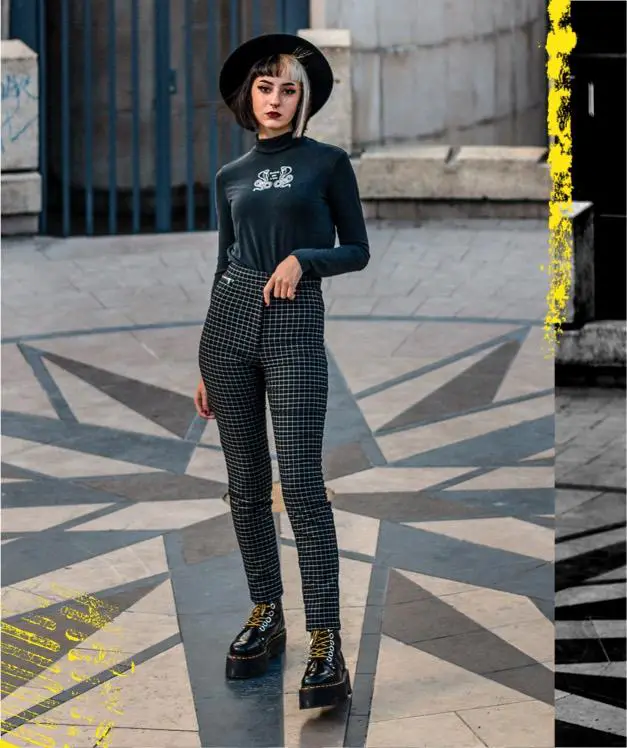 Checked Trousers With Graphic Top And Platform Boots, Close-Up Take Checked Trousers With Graphic Top And Platform Boots, Close-Up Take — Classy Doc Martens Outfits