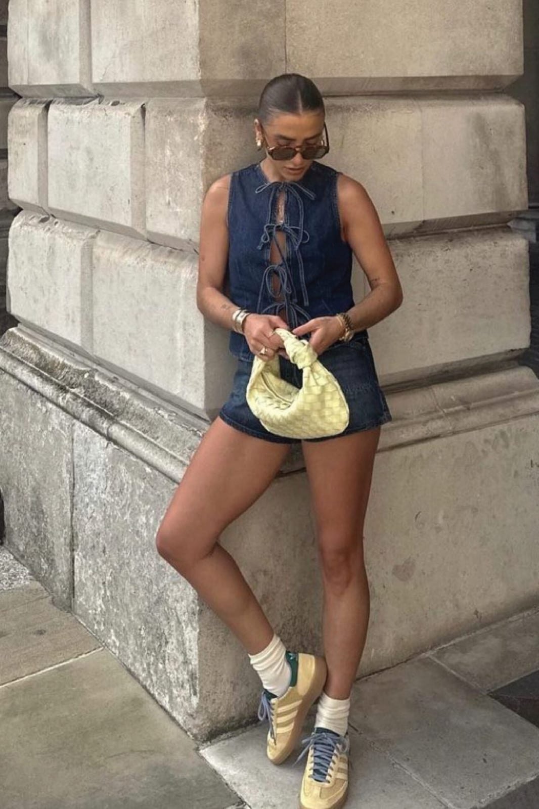 Denim Tie Front Top With Shorts — Classy Downtown Girl Outfits