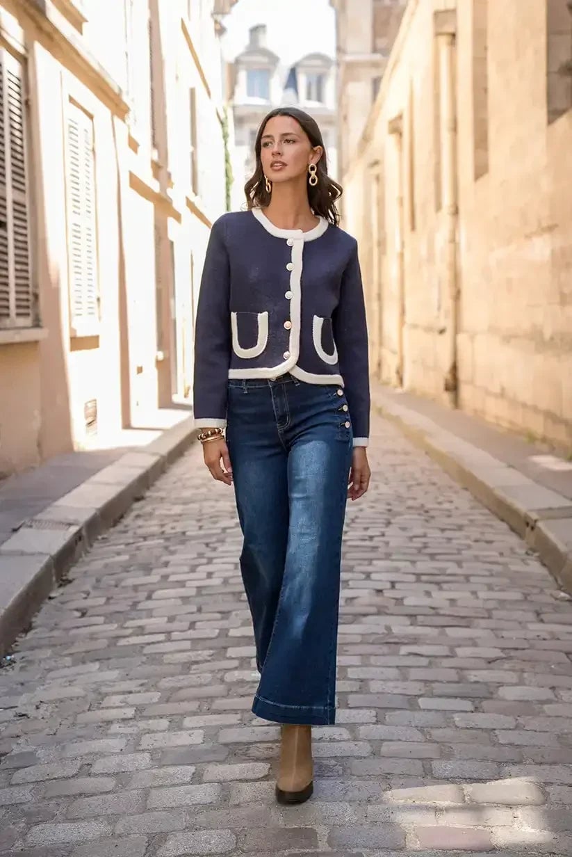 Navy Cardigan With Flare Jeans — Classy Downtown Girl Outfits