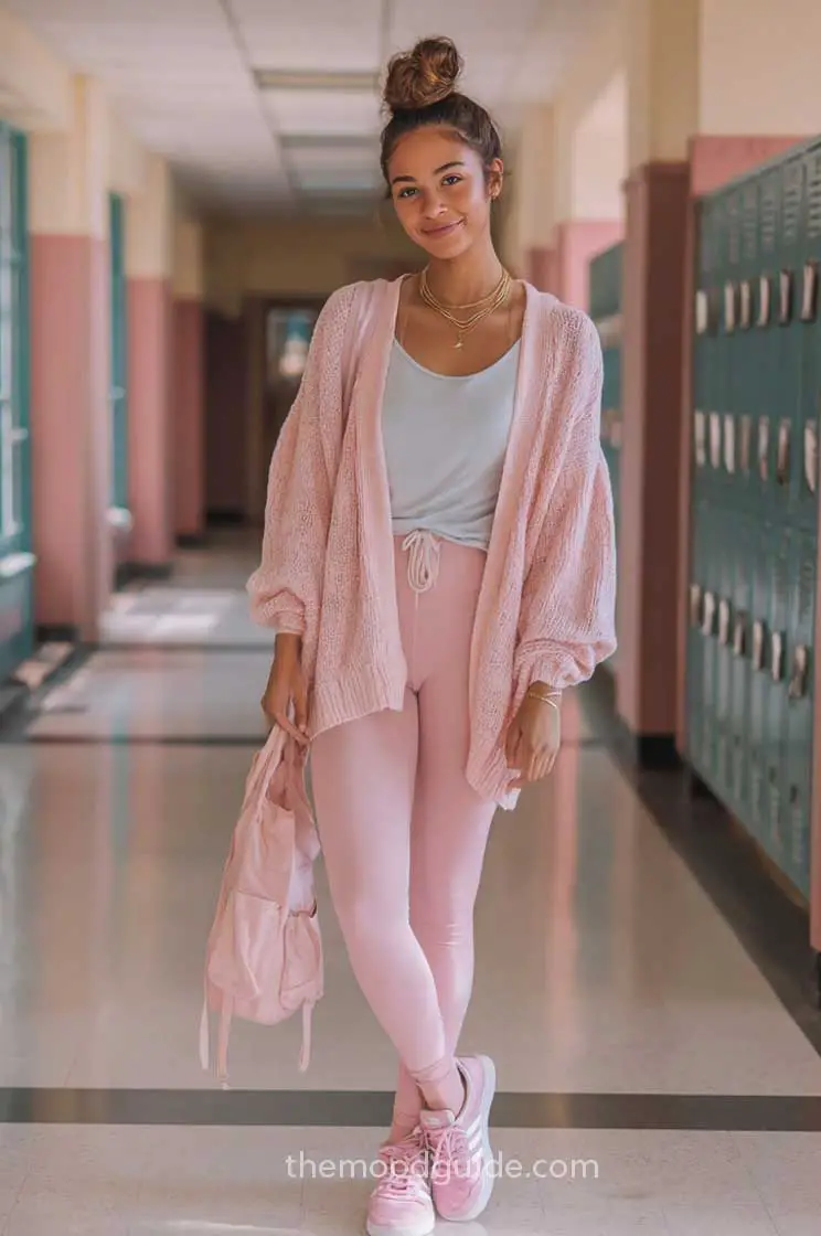Pink Knit Cardigan With Leggings, Close-Up Take — Classy Downtown Girl Outfits