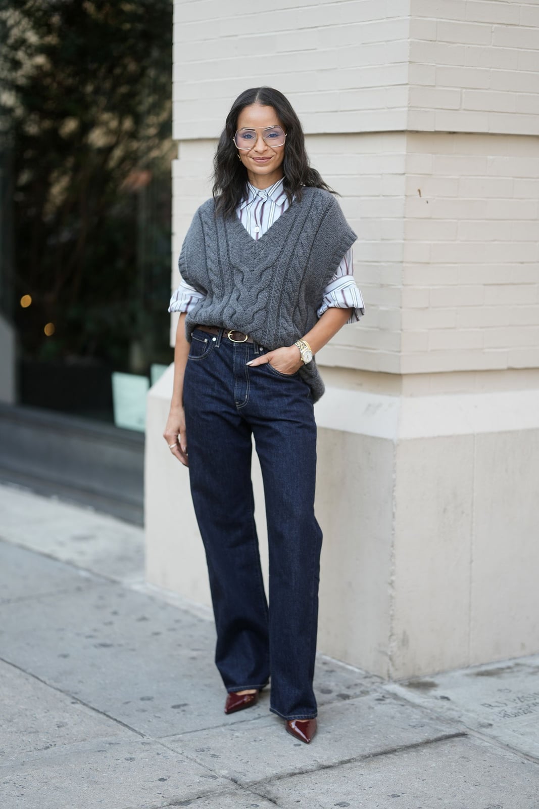 Cable Knit Vest With Striped Shirt — Classy Downtown Girl Outfits