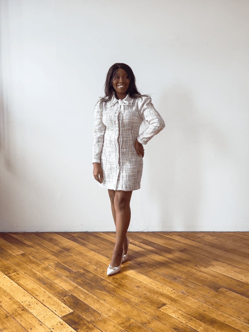White Tweed Mini Dress with Collar White Tweed Mini Dress with Collar — Classy Dress As Your Type