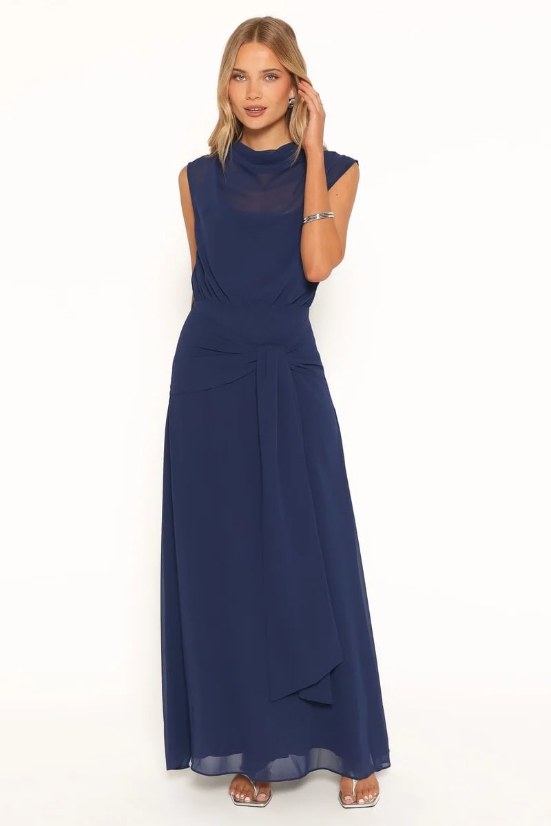 Navy Sleeveless Maxi Dress with Draped Waist Navy Sleeveless Maxi Dress with Draped Waist — Classy Dress As Your Type
