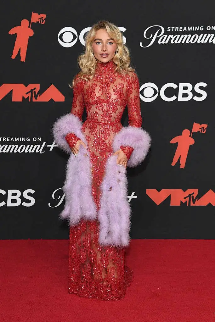Red Sequined Lace Dress with Faux Fur Stole, Close-Up Take — Classy Dress Like a Celebrity