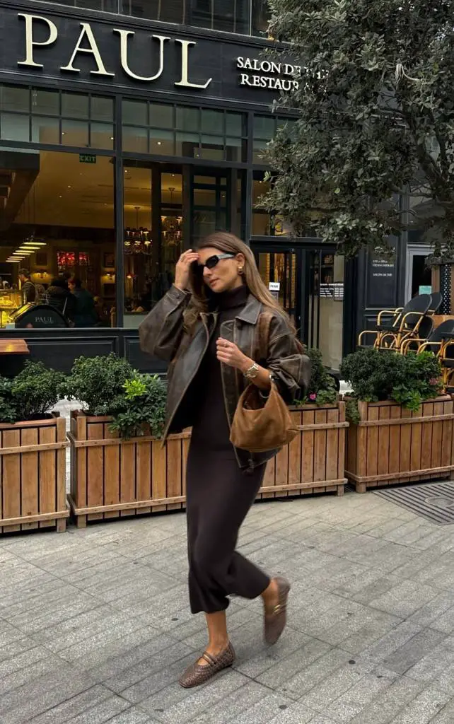Dark Brown Turtleneck Dress With Leather Jacket Dark Brown Turtleneck Dress With Leather Jacket — Classy Dress with Jacket