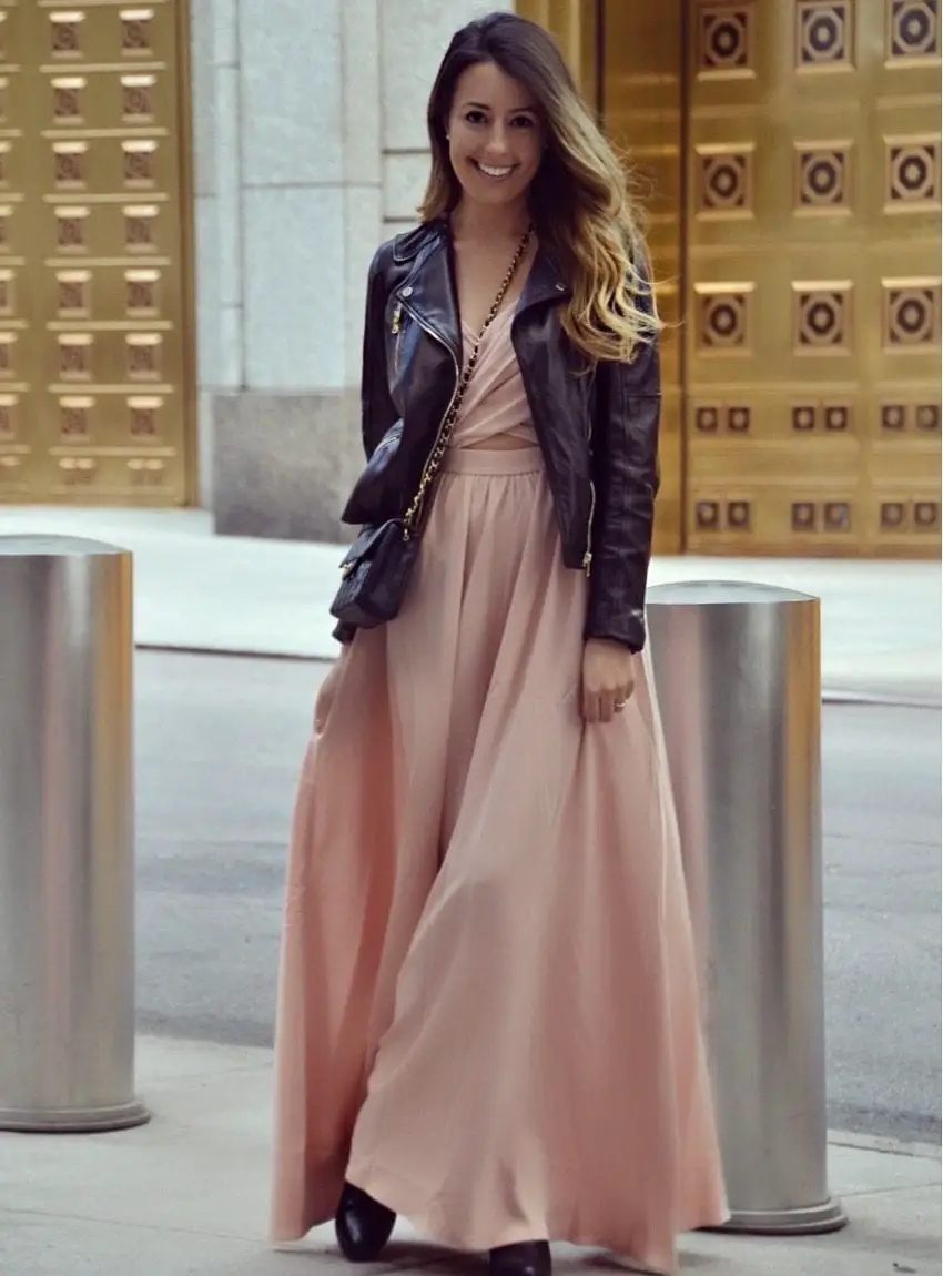 Blush Pink Maxi Dress With Leather Biker Jacket Blush Pink Maxi Dress With Leather Biker Jacket — Classy Dress with Jacket