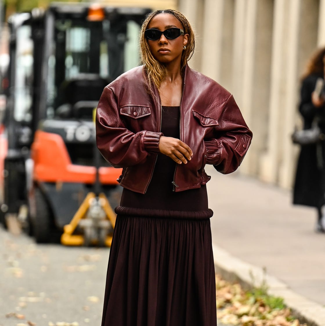 Dark Midi Dress With Burgundy Leather Jacket Dark Midi Dress With Burgundy Leather Jacket — Classy Dress with Jacket