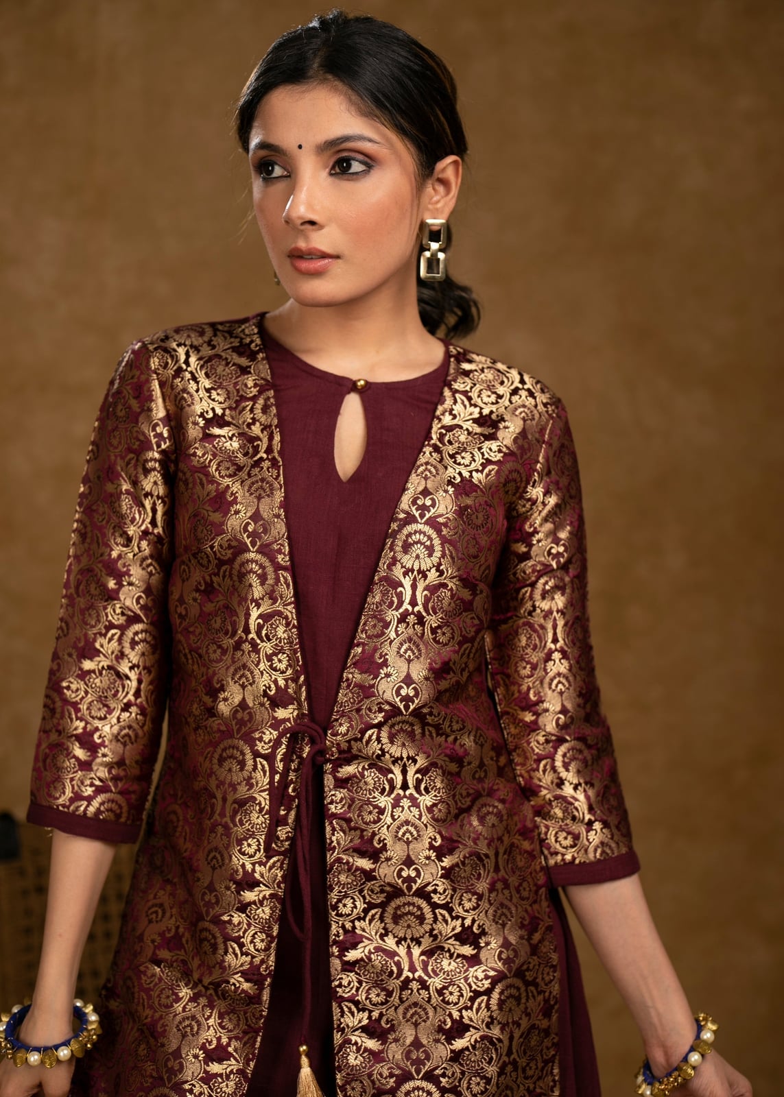 Burgundy Dress With Gold Brocade Jacket Burgundy Dress With Gold Brocade Jacket — Classy Dress with Jacket