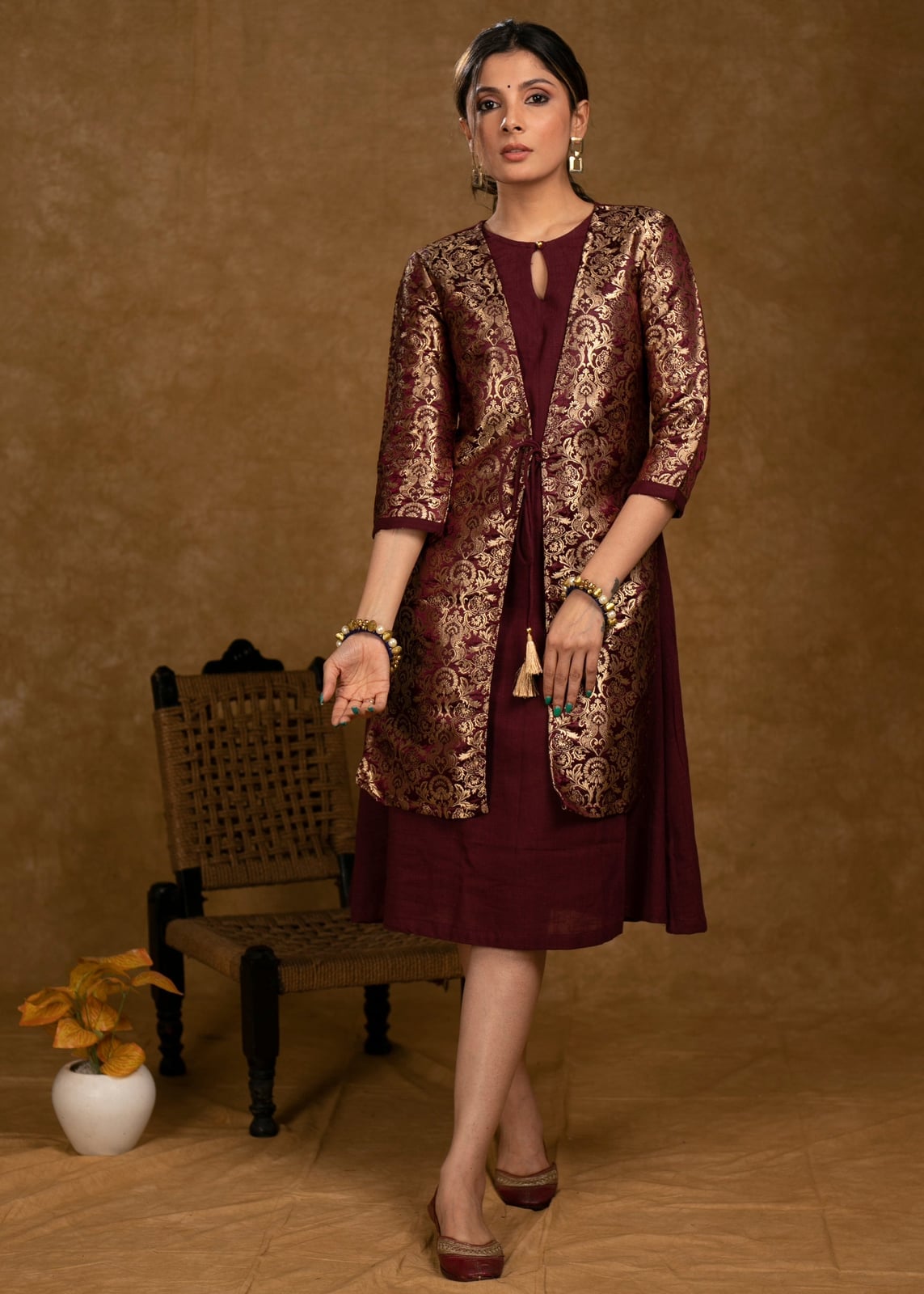 Maroon Cotton Dress With Ornate Brocade Jacket Maroon Cotton Dress With Ornate Brocade Jacket — Classy Dress with Jacket