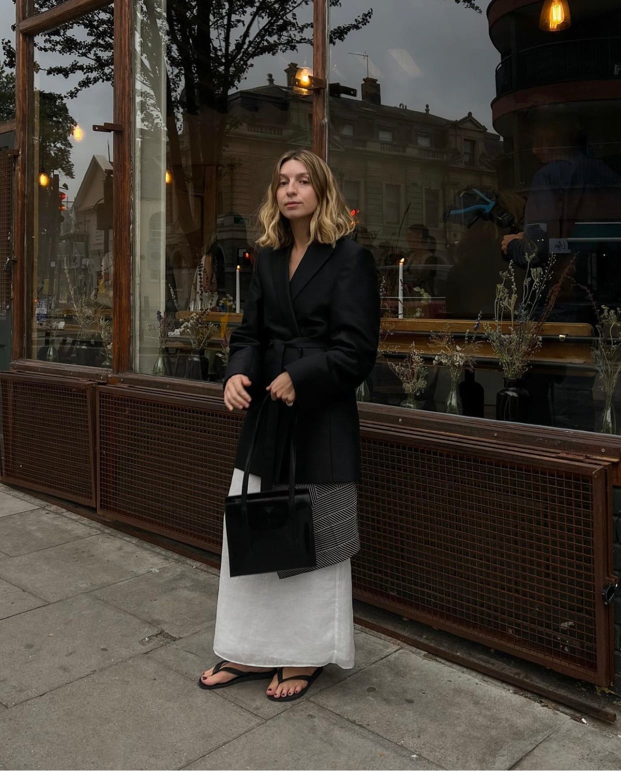 White Linen Dress With Black Oversized Blazer White Linen Dress With Black Oversized Blazer — Classy Dress with Jacket