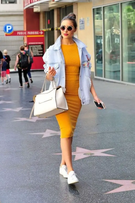 Yellow Ribbed Midi Dress With Denim Jacket Yellow Ribbed Midi Dress With Denim Jacket — Classy Dress with Jacket