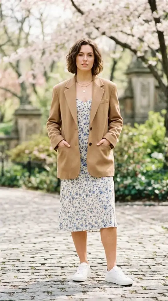 Floral Print Slip Dress With Camel Blazer Floral Print Slip Dress With Camel Blazer — Classy Dress with Jacket